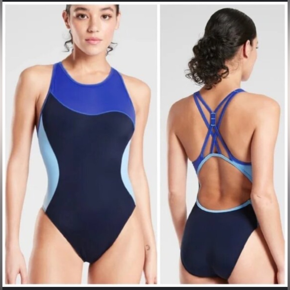 Athleta Freestyle Colorblock One Piece Crisscross Back U Neckline Swimsuit